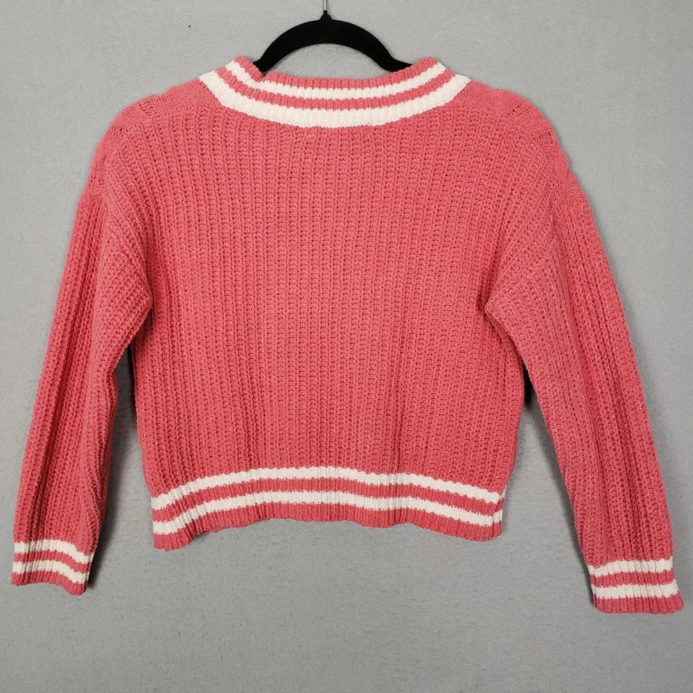 Star Lilly Varsity Sweater V-neck Pullover Salmon White Chunky Knit Academia L
